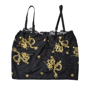 Mystique Aura 2X Tank Top Black Gold Dragon Print Lace Trim Cami Plus Size